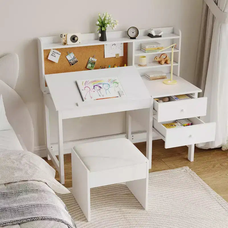 Sada dětského stolu a židle, dřevěný studijní stůl s nastavitelnou naklápěcí deskou, zásuvkami a korkovou nástěnkou - dětská školní studijní sada