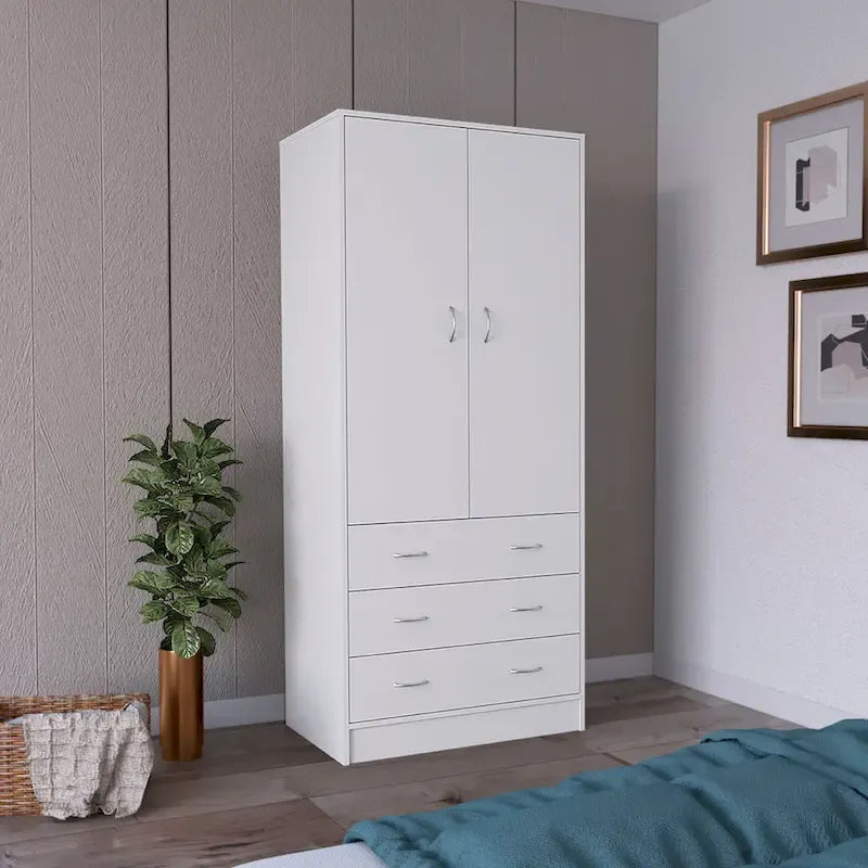 Armário moderno de duas portas 19 com 3 gavetas e 1 varão para quarto
