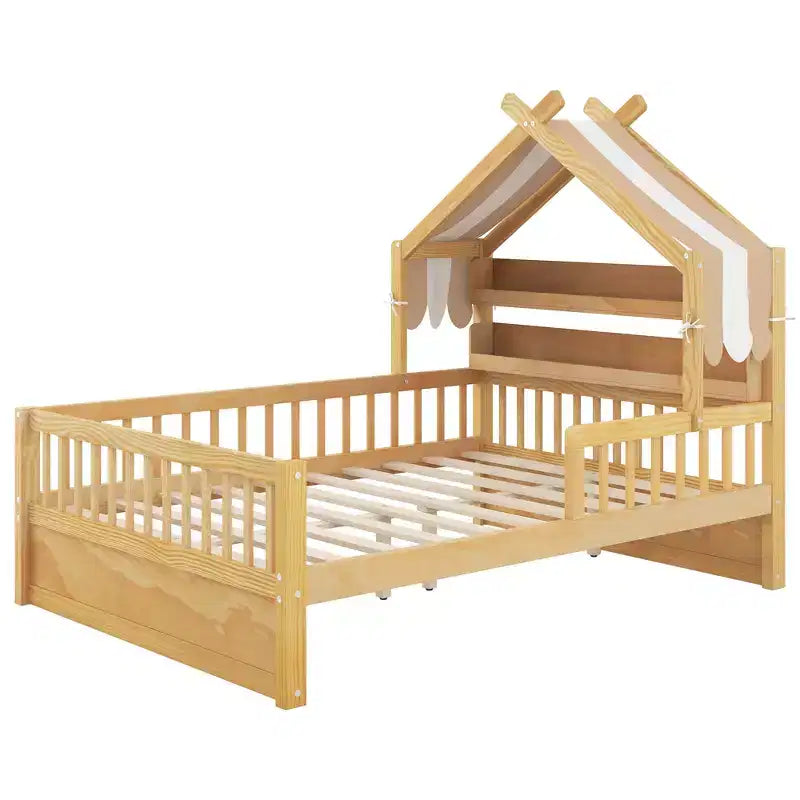 ModernLuxe Holzhausbett in Twin/Full-Größe mit Kopfteil und Stauraum, Kinderbettgestell aus massivem Kiefernholz mit Rausfallschutz