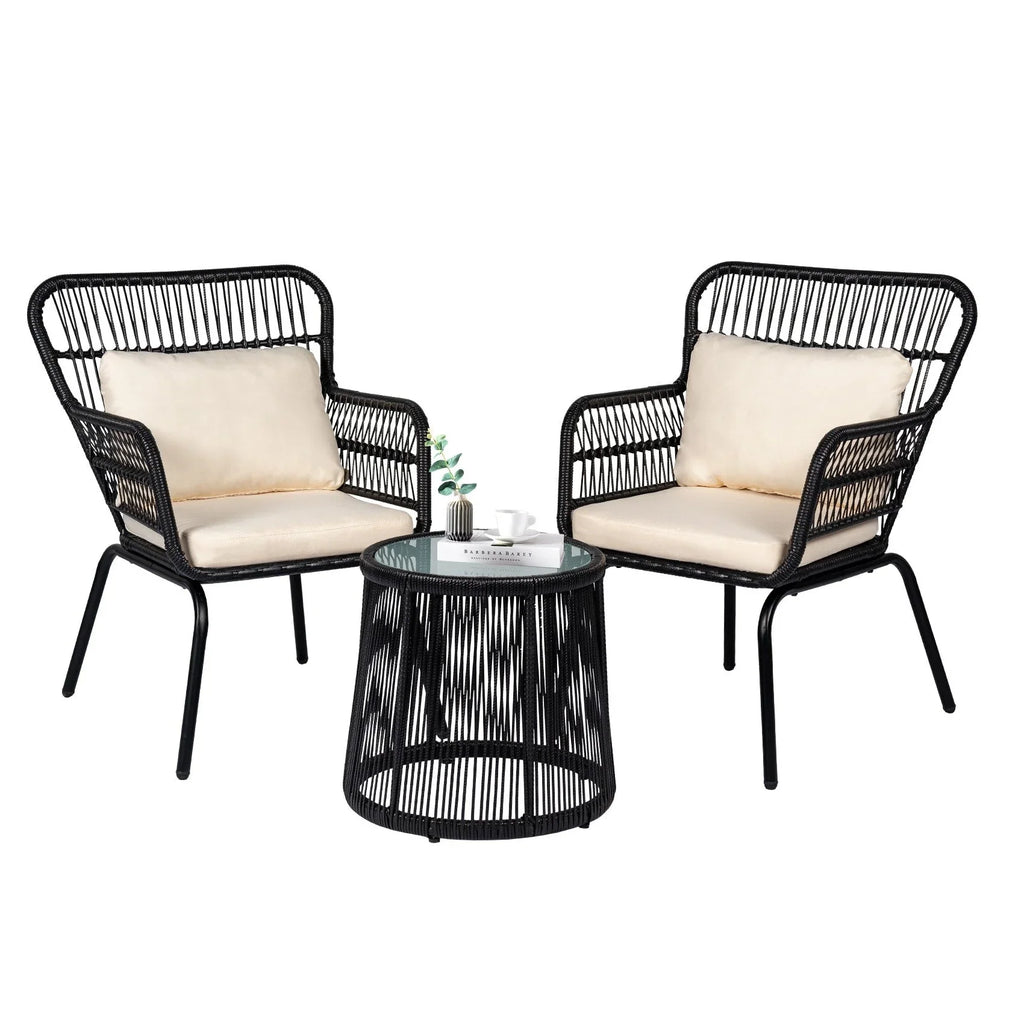 Ensemble bistro de conversation extérieur en osier de 3 pièces, mobilier de patio en rotin toutes saisons avec coussins