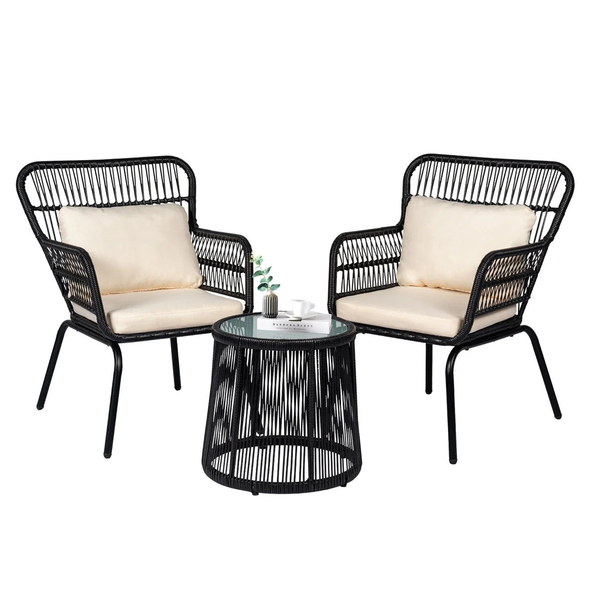 Ensemble bistro de conversation extérieur en osier de 3 pièces, mobilier de patio en rotin toutes saisons avec coussins