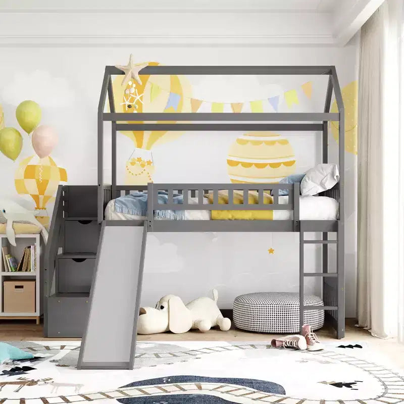 Cama alta tipo casa Twin com escorrega e escadas, cama alta com gavetas de arrumação, cama alta de madeira tipo cabana para crianças e bebés