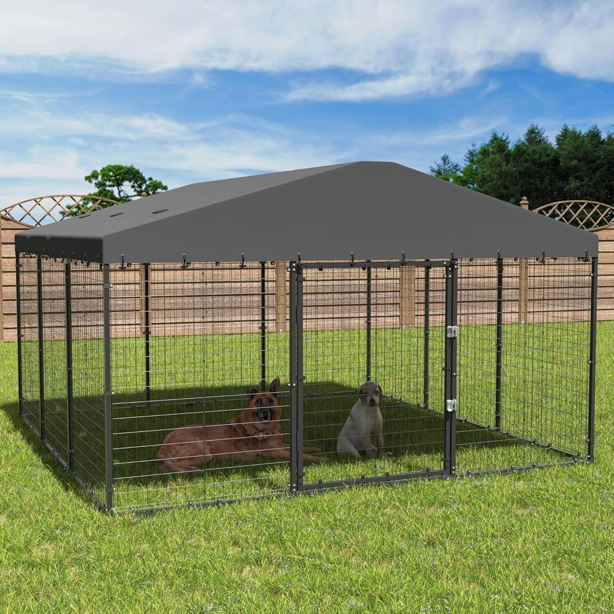 W 118 x D 118 x H 70 Canil grande para exterior, recinto resistente para cães com teto impermeável