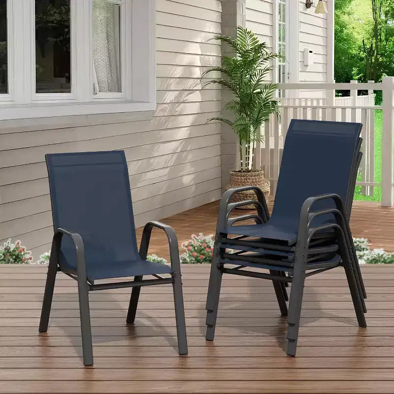 Terrasstoelen, stapelbare buiteneetkamerstoelen, set van 4/6, lichtgewicht weerbestendige textilene tuinstoelen met armleuningen voor achtertuin en zwembadterras