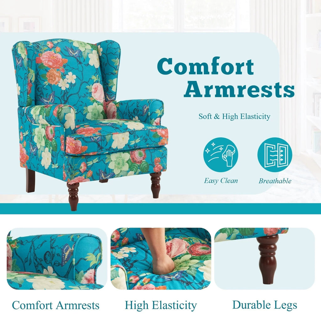 Fauteuil d’appoint moderne Erommy, fauteuil à dossier haut, canapé une place en tissu rembourré avec boutons et pieds en bois pour le salon