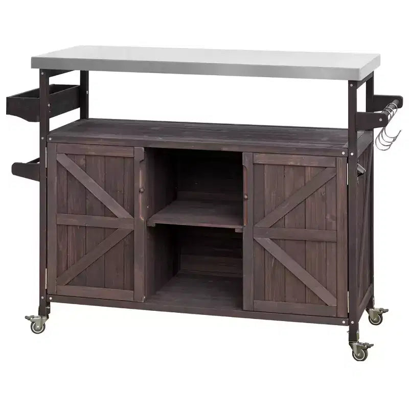 Okak Outdoor-Kücheninsel mit Edelstahlplatte, Küchenwagen aus Holz mit Türen, Regalen und Gewürzablage, rollbare Kücheninsel