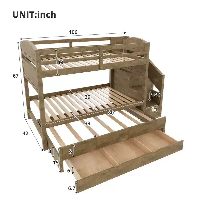 Estrutura de beliche Whisen Twin XL com cama auxiliar, beliche com arrumação, madeira maciça, escada com arrumação, roupeiro e 3 gavetas, para crianças