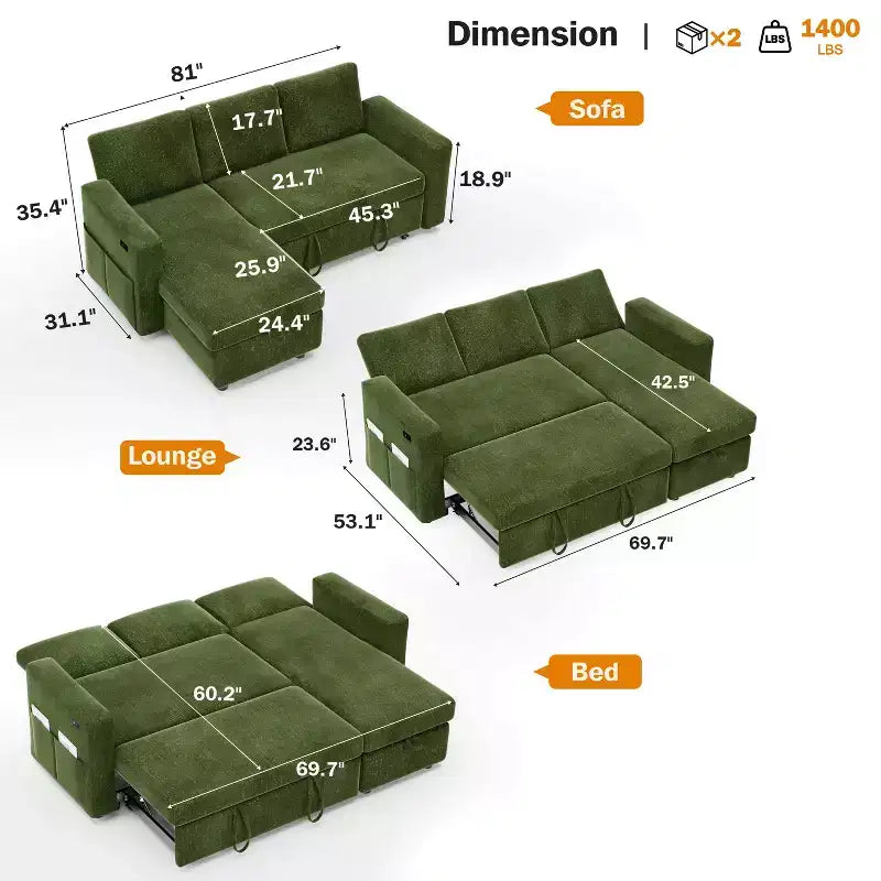 Dyonery 81-Sitzer-Schlafsofa, L-förmiges Ausziehsofa mit wendbarer Recamiere mit Stauraum, USB-Anschluss und verstellbarer Rückenlehne