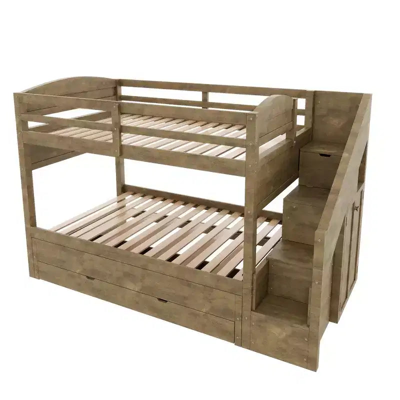 Estrutura de beliche Whisen Twin XL com cama auxiliar, beliche com arrumação, madeira maciça, escada com arrumação, roupeiro e 3 gavetas, para crianças