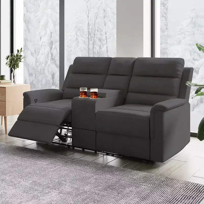 Beżowo-szara rozkładana sofa dwuosobowa z tkaniny technicznej, z regulowanym oparciem i podnóżkiem