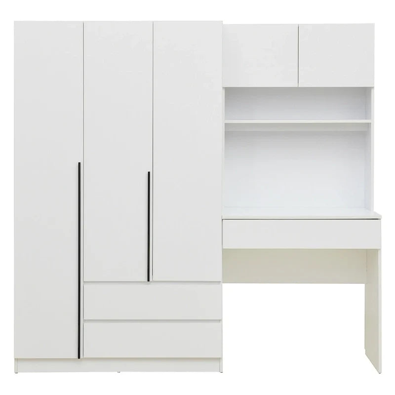 Roupeiro 3 em 1 com mesa de maquilhagem, conjunto de secretária, armário de quarto com 2 gavetas, 3 portas e espaço de arrumação