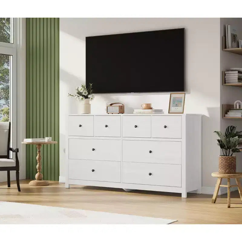 Moderne ladekast met 8 laden voor de slaapkamer, brede houten kast met diepe opbergruimte, vrijstaande organiserende kast voor de woonkamer