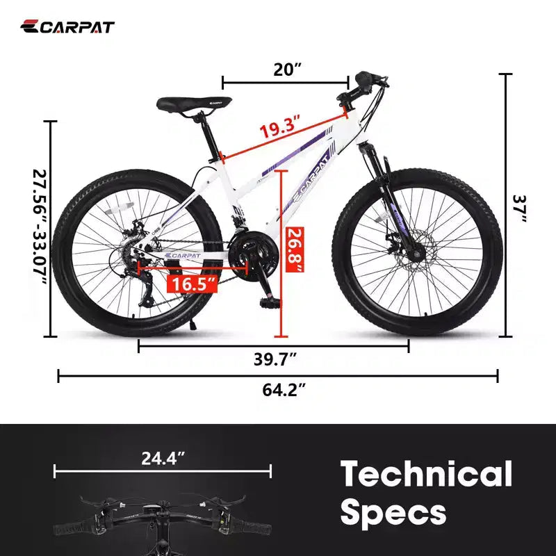 Mountain bike Okak da 24/26 pollici con 21 velocità e freni a doppio disco, bicicletta per bambini con sospensione anteriore da 100 mm, bici da sterrato per adolescenti e donne