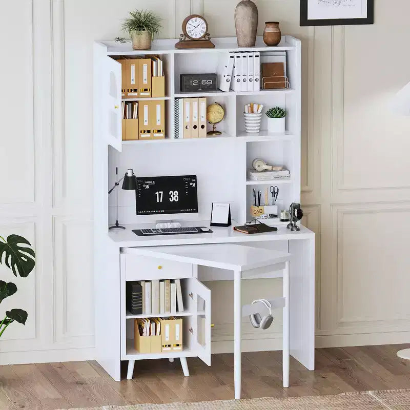 Okak moderne houten bureau voor kantoor aan huis met bureaublad, stoel en boekenkast, opbergbureau voor tieners en studenten om te studeren en schrijven, voor studie en kantoor