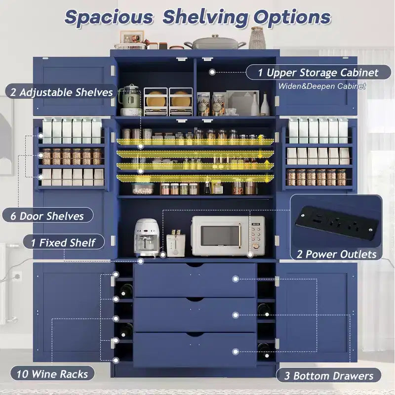 Dispensa alta da cucina con prese di corrente, grande armadio indipendente con supporto per microonde, cassetti, ripiani, portabottiglie e ripiano nell’anta