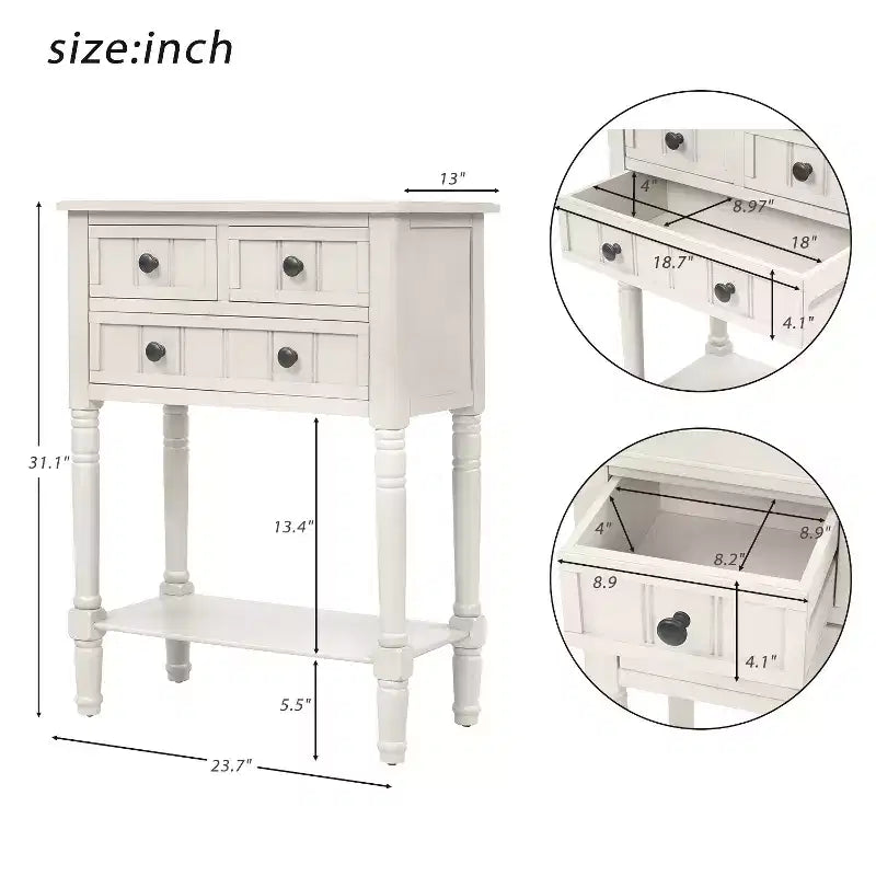 Mesa de consola estreita de 23.7 pol. com 3 gavetas e prateleira, mesa de sofá para entradas ou salas de estar pequenas