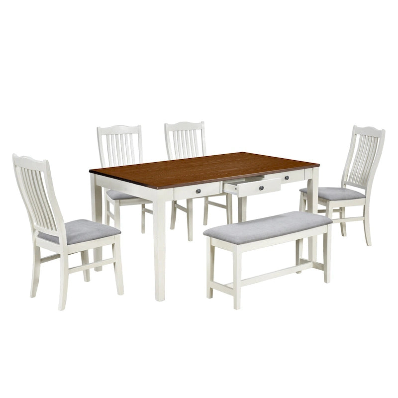 6-teiliges Esszimmer-Set aus Holz mit 4 Stühlen und Bank, Tisch mit Schublade