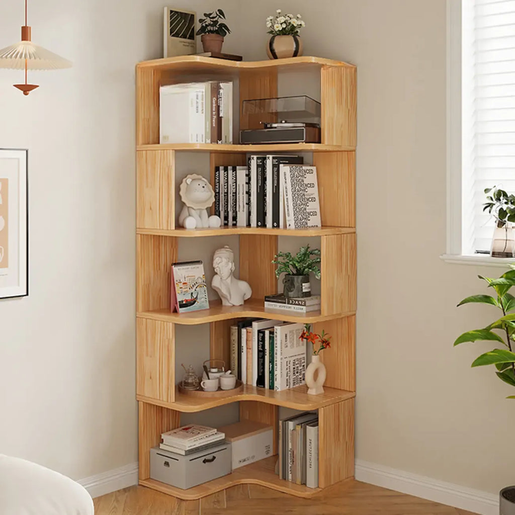 Vertikales L-förmiges Bücherregal aus Holz mit natürlicher Oberfläche und offener Rückseite