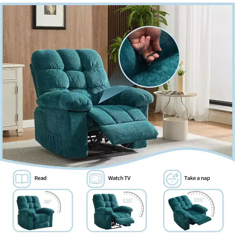 Cadeirão reclinável manual, com tecido ergonómico e respirável e bolsos laterais, sofá individual, adequado para a sala de estar ou o quarto