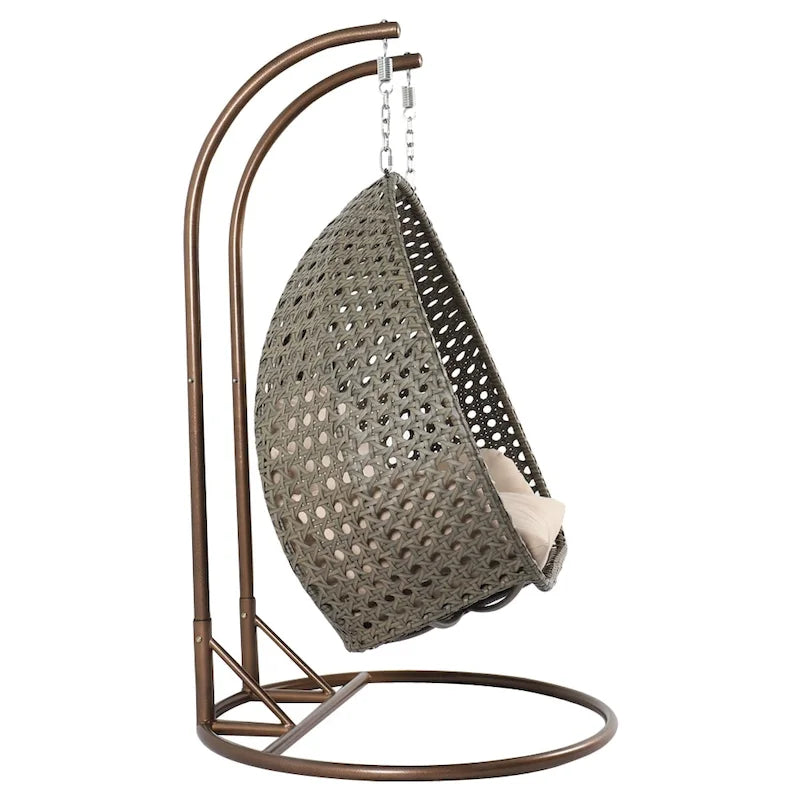Poltrona sospesa a uovo LeisureMod per 2 persone con supporto - Altalena da patio in rattan intrecciato per esterni/interni, chaise longue con cuscini