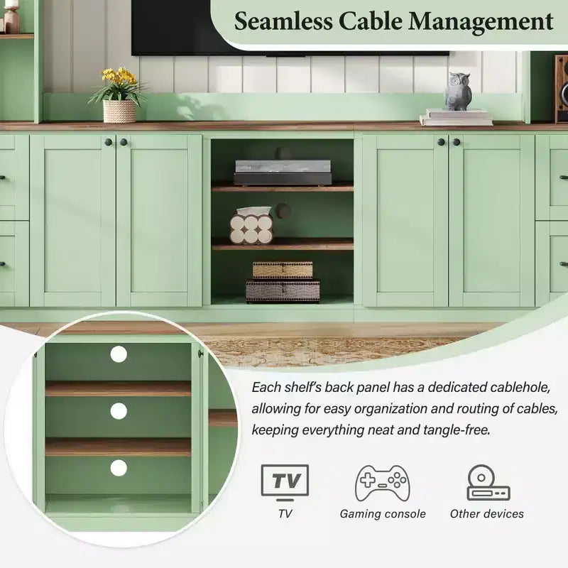 Unità a parete centro d'intrattenimento in stile rustico ModernLuxe 4-in-1, adatta a TV fino a 70, mobile TV e console multimediale con ripiani e cassetti regolabili