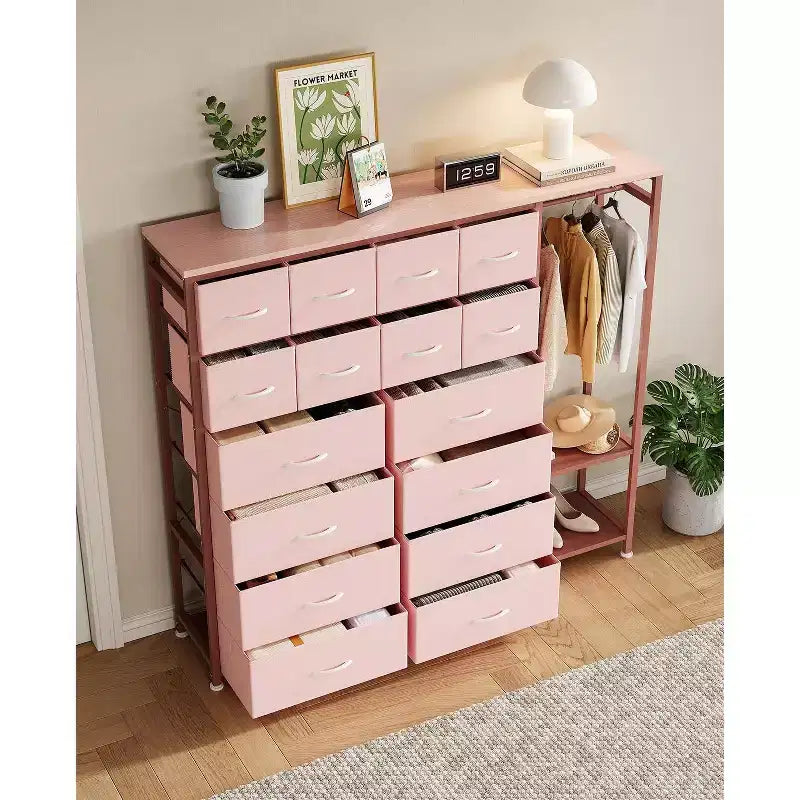 Cómoda com 16 gavetas, varão para pendurar roupa e prateleiras, organizador de arrumação em tecido para quarto, closet ou entrada