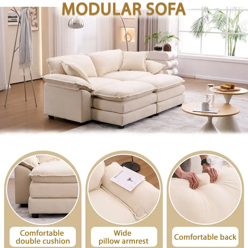 Canapé 2 places avec 2 coussins, 2 oreillers et 2 poufs, canapé confortable – canapé profond modulable pour le salon