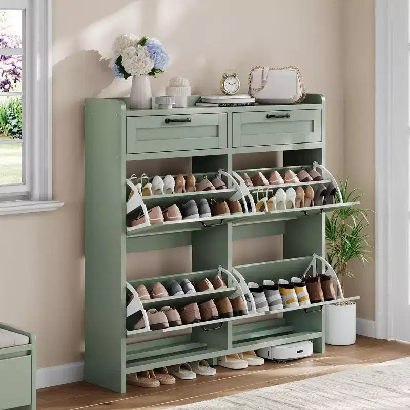 Schuhschrank mit 4 Klappschubladen und 2 oberen Schubladen, hölzerner Schuhorganizer-Schrank mit verstellbarem Regal, freistehende Schuhaufbewahrungsschränke