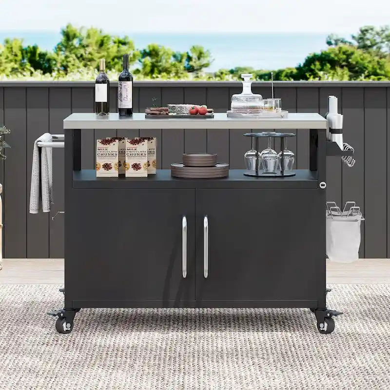 Ilha de cozinha exterior com tampo em aço inoxidável, mesa carrinho para grelhador em metal com armário de arrumação - N/A