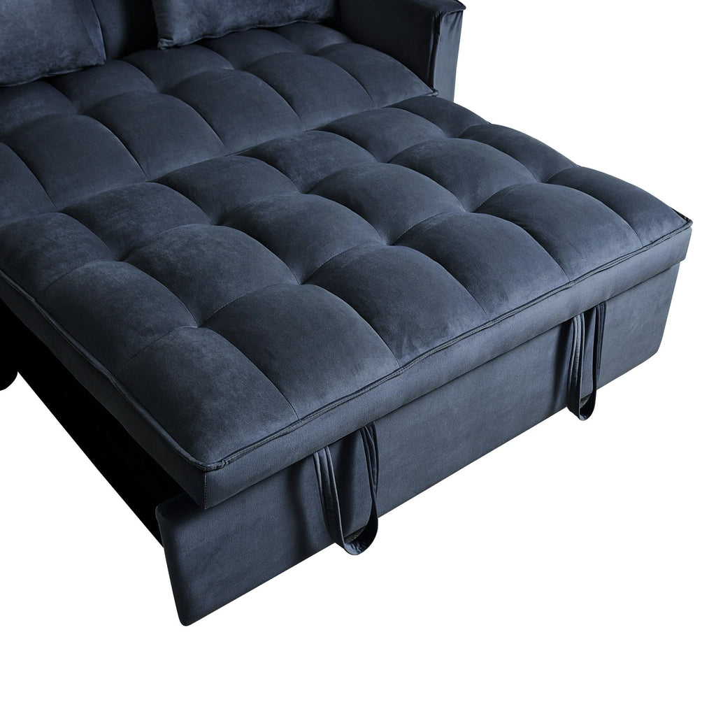 Sofá-cama moderno extensível, sofá-cama 3-em-1 com encosto ajustável, sofá de dois lugares em veludo, almofadas e bolsos laterais