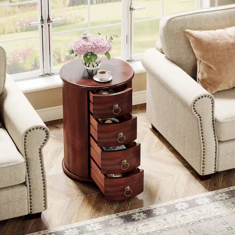 Table d’appoint ronde vintage en bois massif avec tiroirs latéraux, sans assemblage