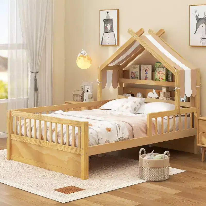 ModernLuxe Holzhausbett in Twin/Full-Größe mit Kopfteil und Stauraum, Kinderbettgestell aus massivem Kiefernholz mit Rausfallschutz