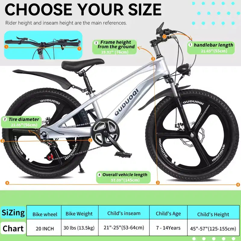 Mountain bike per bambini NAYSAYE da 20 pollici con trasmissione a 7 velocità e telaio in lega di magnesio, per bambini e bambine dagli 8 ai 12 anni, 57.09*21.65*29.92