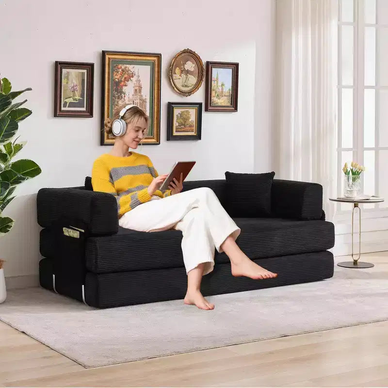 Sofá-cama, colchão dobrável 5-em-1 de 78.8, sofá/canapé, estrutura de aço de formato fixo, bombazina com almofadas
