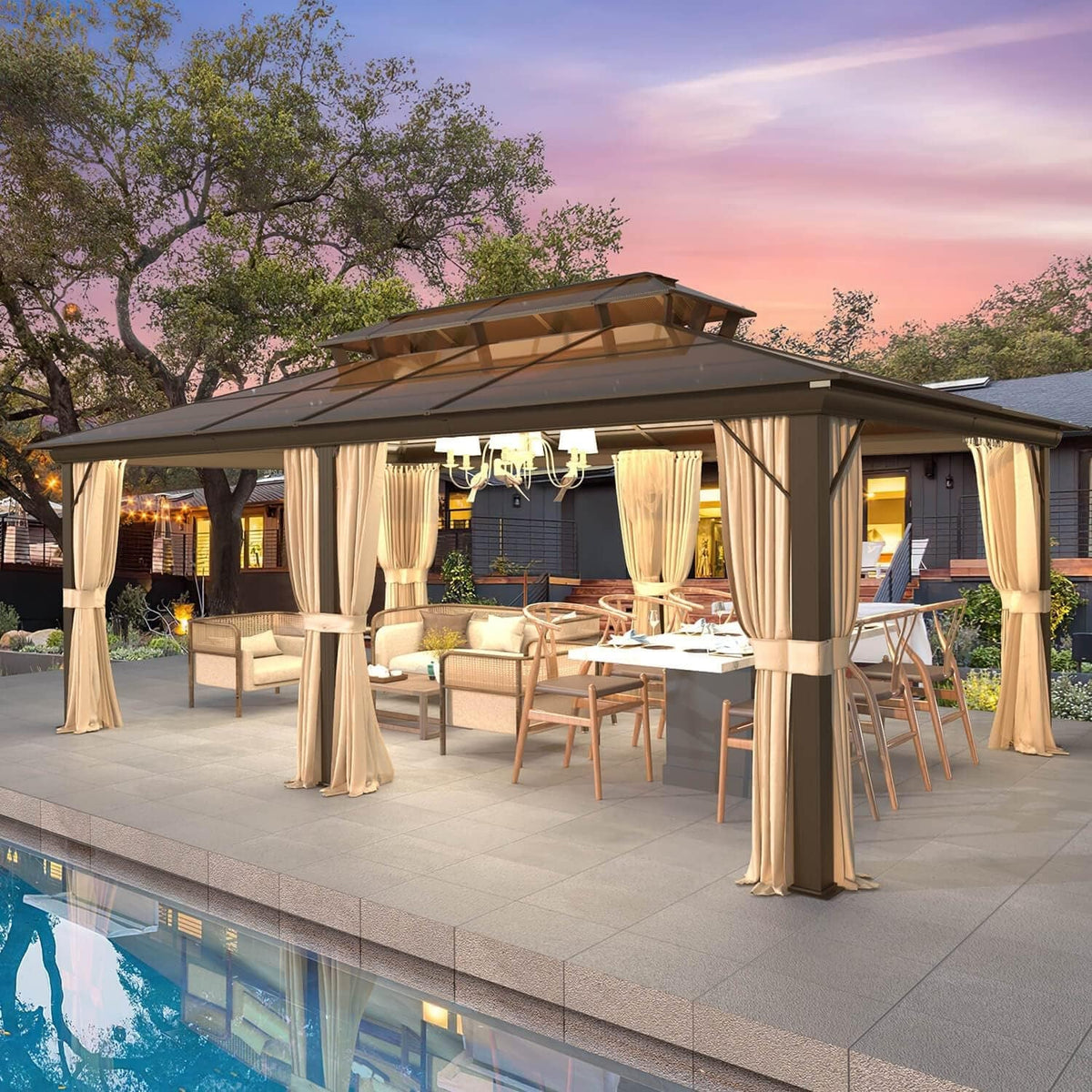 EROMMY Hardtop Gazebo,Outdoor Pergola with Double Roof & Netting & Curtains,Heavy Duty Canopy for Patio, Backyard, Pool party