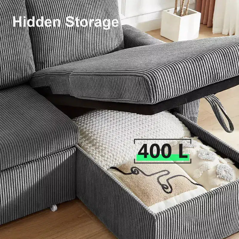 Dyonery 81-Sitzer-Schlafsofa, L-förmiges Ausziehsofa mit wendbarer Recamiere mit Stauraum, USB-Anschluss und verstellbarer Rückenlehne
