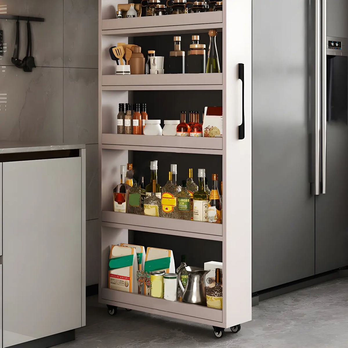 Credenza moderna in legno con ripiani aperti e rotelle