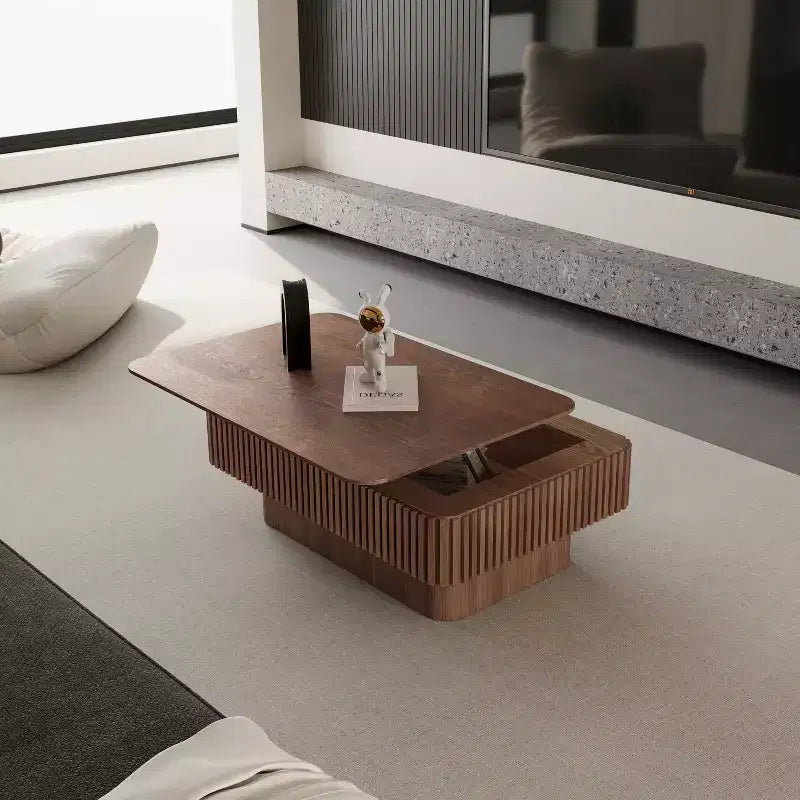 Mesa de centro JVNOXK com tampo elevatório canelado de 38.6', com arrumação, folheado de madeira maciça, altura ajustável, mesa de destaque moderna para sala de estar ou quarto, nogueira