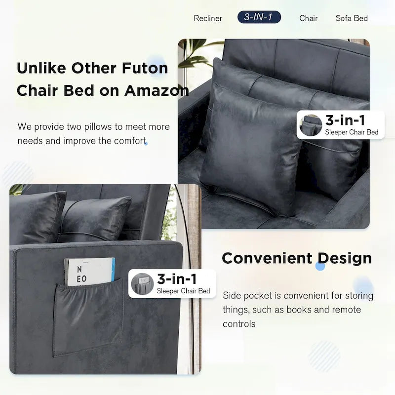 Poltrona-cama ajustável, convertível em 3 funções, várias cores, para 1 pessoa