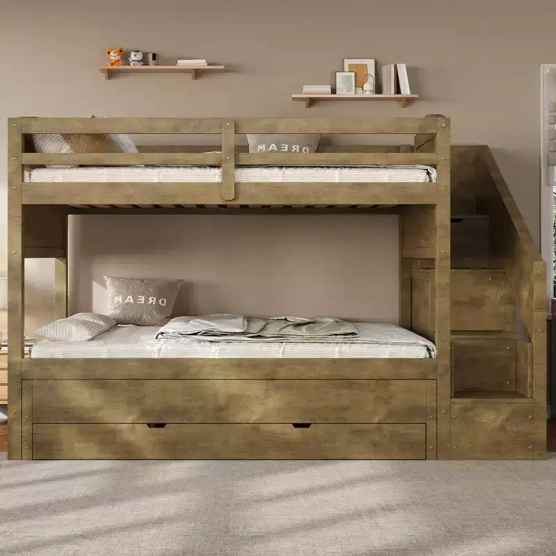 Estrutura de beliche Whisen Twin XL com cama auxiliar, beliche com arrumação, madeira maciça, escada com arrumação, roupeiro e 3 gavetas, para crianças