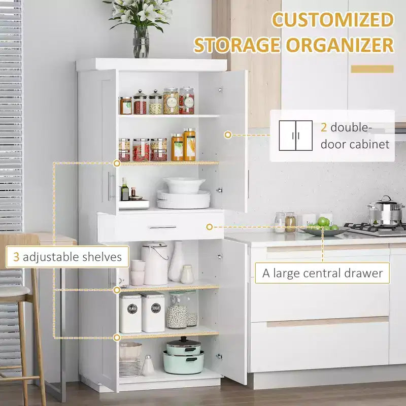 Meuble garde-manger de cuisine moderne autoportant avec portes et tiroir, étagères réglables