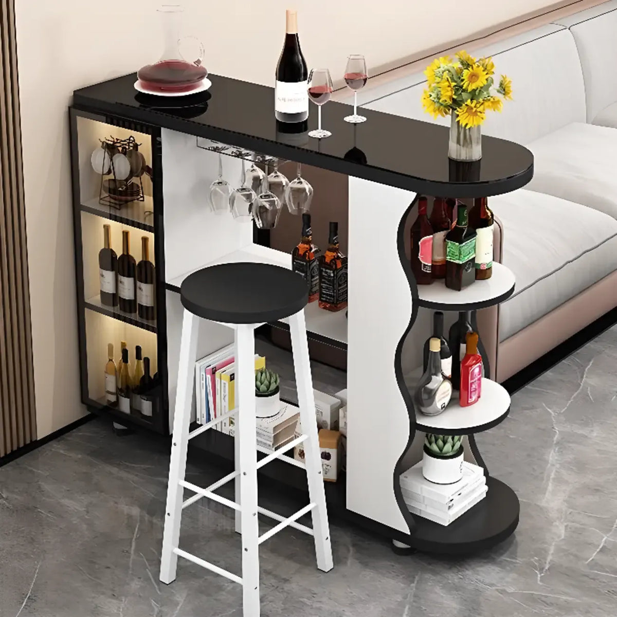 Table de bar moderne de forme libre avec plateau en pierre et rangement pour bars à domicile