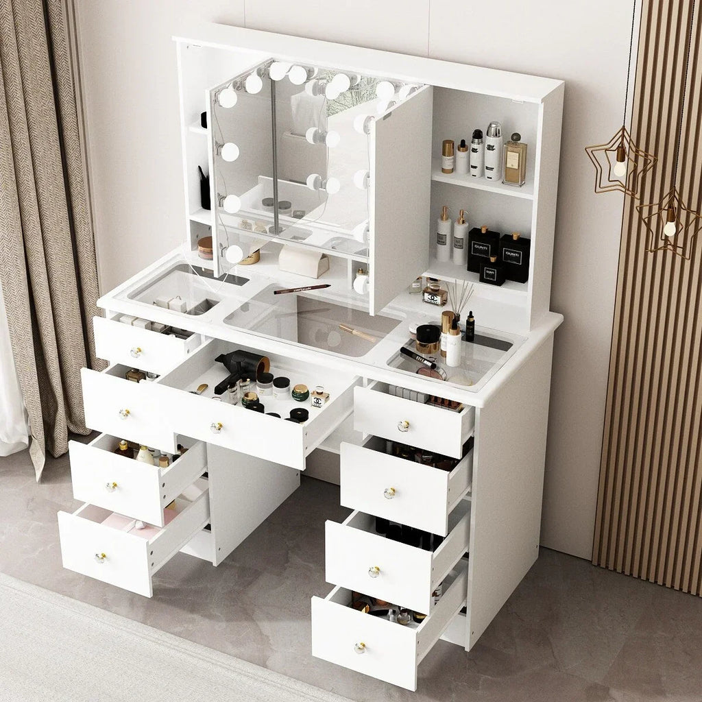 Toeletta per trucco con specchio a tre ante, illuminazione certificata, piano in vetro