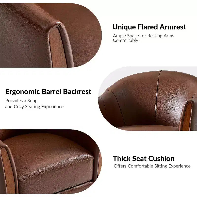Fauteuil tonneau pivotant Pocono de style transitionnel en cuir véritable avec piètement en bois massif, ensemble de 2, Artful Living Design