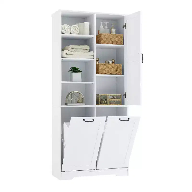 Armário de arrumação para casa de banho com portas e gavetas, cesto para roupa suja basculante e múltiplos espaços de arrumação, estilo autónomo