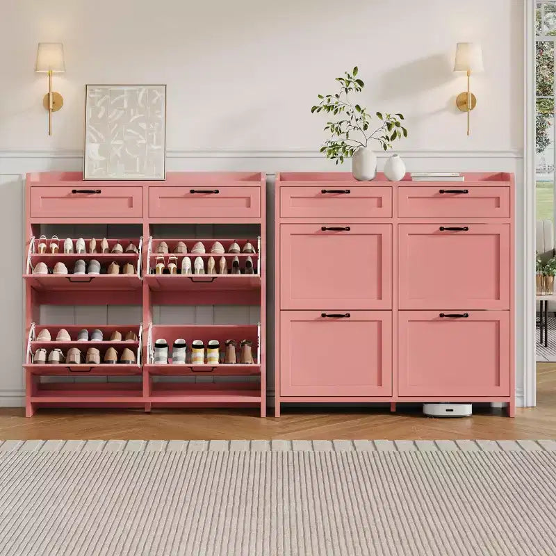 Schuhschrank mit 4 Klappschubladen und 2 oberen Schubladen, hölzerner Schuhorganizer-Schrank mit verstellbarem Regal, freistehende Schuhaufbewahrungsschränke