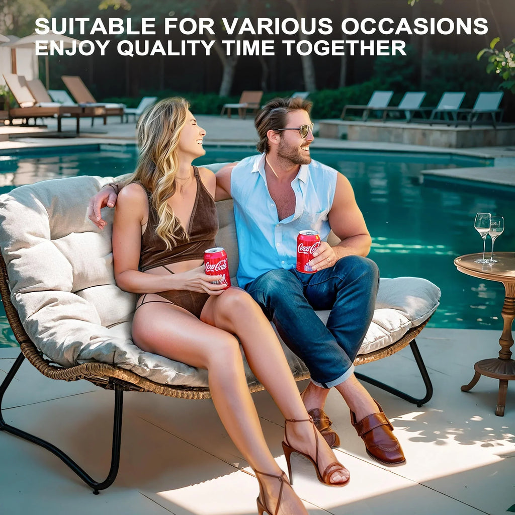Doppelter Papasan-Sessel als Loveseat mit Kissen, wetterfestes PE-Rattan und Metallgestell für drinnen und draußen