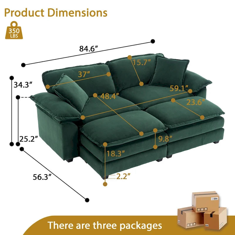 Canapé 2 places avec 2 coussins, 2 oreillers et 2 poufs, canapé confortable – canapé profond modulable pour le salon