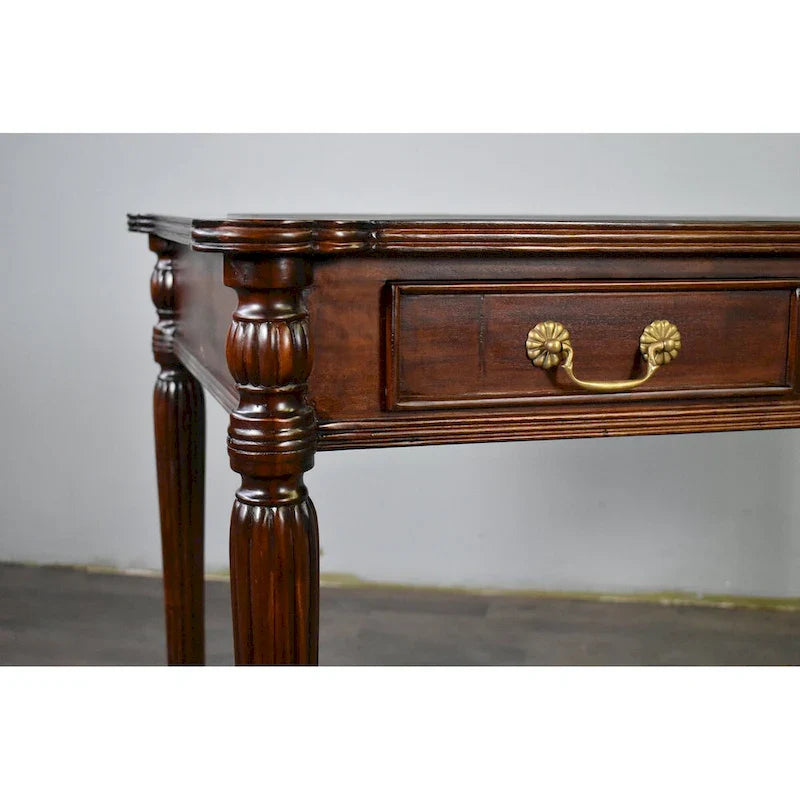 Scrivania in stile vittoriano in mogano massello marrone scuro / marrone chiaro con piano in pelle nera e 3 cassetti - Unità singola