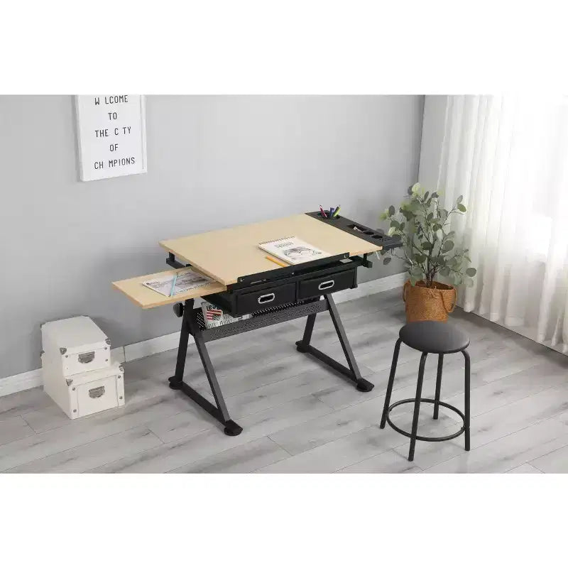 Table de dessin réglable en hauteur, table à dessin inclinable de 0 à 75°, bureau d’artiste pour adultes avec 2 tiroirs de rangement, avec tabouret
